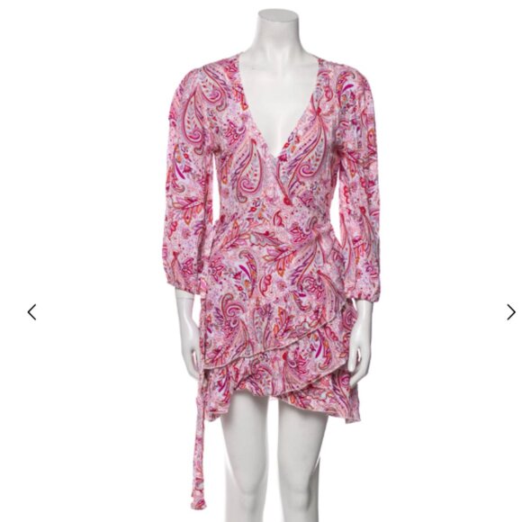 Melissa Odabash XS Pink Paisley Wrap Dress Boho Ruffle V Neck Mini Resort Beach - Picture 2 of 7